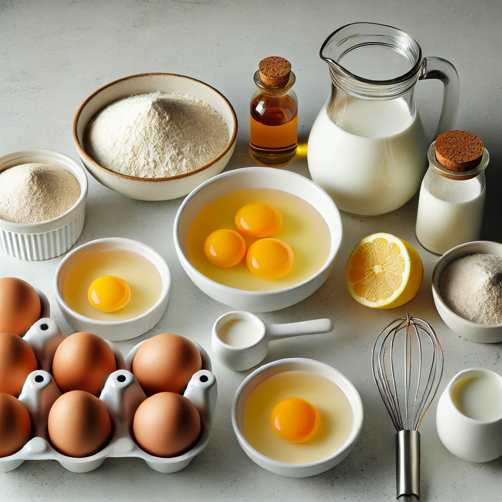 DALL·E 2024 06 19 09.42.42 A neatly arranged set of ingredients for making the Bolo Nuvem do Japao on a clean kitchen counter. Display six separated eggs with yolks and whites