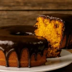 Imagem de um pedaço de bolo de cenoura com cobertura de chocolate,sendo servido.