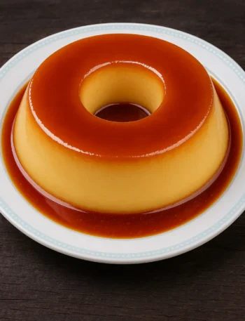 Um delicioso Pudim de leite condensado sobreposto em uma mesa