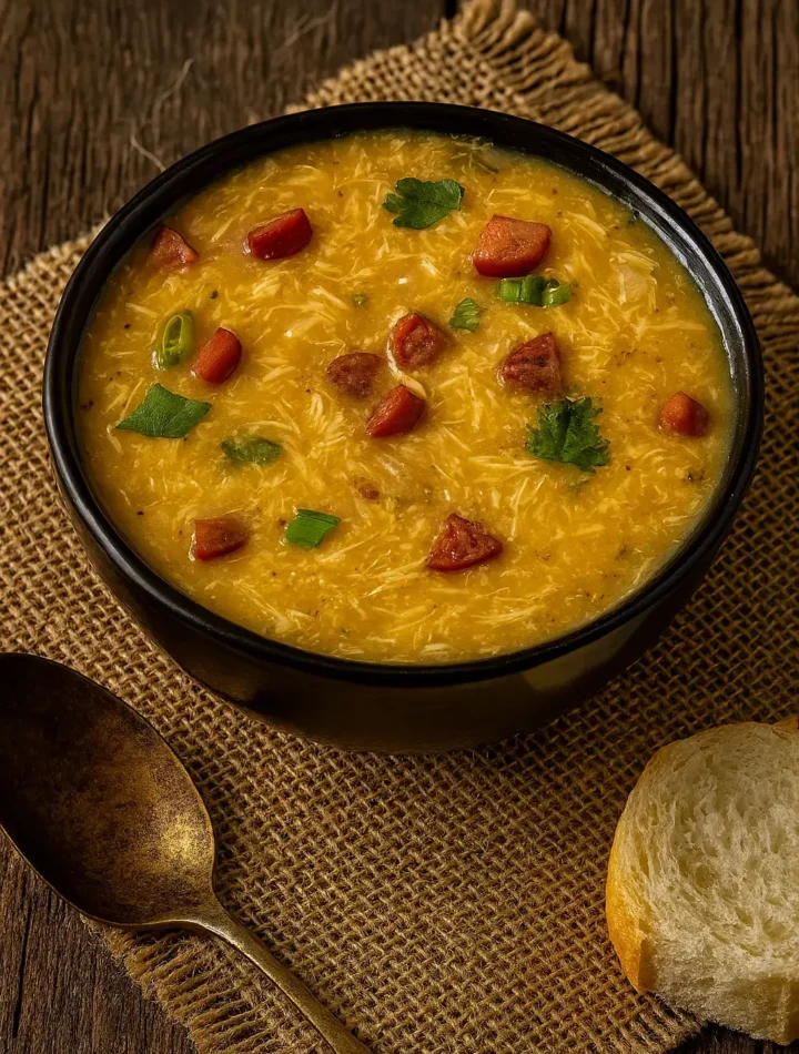 um prato de caldo de kenga sobreposto em uma mesa rustica