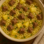 Sopa caseira de macarrão tipo padre-nosso com cubos de batata e carne bovina servida em um prato fundo de cerâmica, sobre uma mesa rústica de madeira, decorada com salsinha picada.