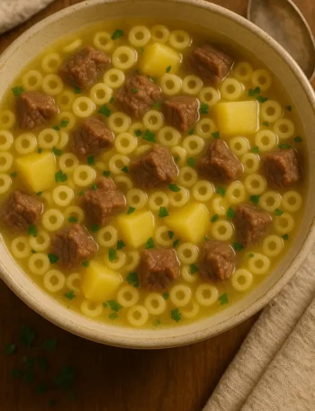 Sopa caseira de macarrão tipo padre-nosso com cubos de batata e carne bovina servida em um prato fundo de cerâmica, sobre uma mesa rústica de madeira, decorada com salsinha picada.